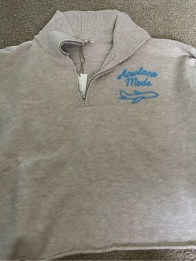 Lauriebelles Beige 'Airplane Mode' Embroidered Pullover Sweater